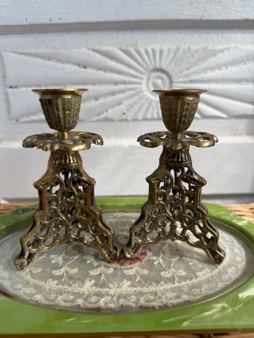 VIntage 60's Pair 2 Brass 3 Footed Ornate Filirgree Candle Stick Holders 5"